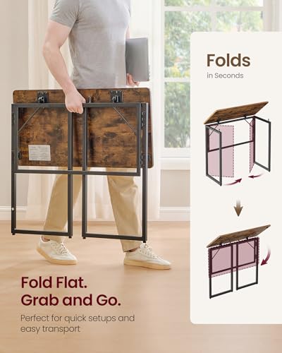 Image of VASAGLE Folding Desk, Foldable Computer Desk, One-Piece Desktop, Rounded Edges, Small Folding Craft Table for Bedroom, Balcony, Camping, Easy Assembly, 31.5 x 15.7 Inches, Rustic Brown ULWD151KD01