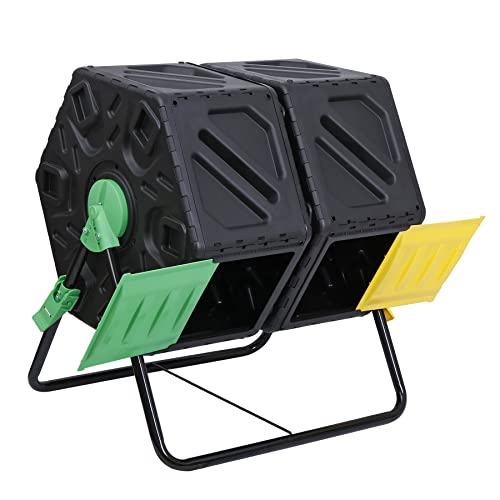 HomGarden Large Dual Chamber Compost Tumbler Heavy-Duty Outdoor Bin Composter with 2 Sliding Doors Easy-Turn, All-Season 37 Gallon High Volume Composter Black