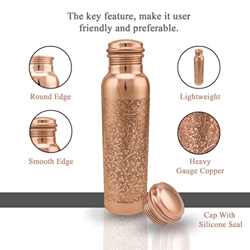 Vibranic's Aquatic Copper Water Bottle 34Oz - Leak Proof - Ayurvedic Copper Bottle -Perfect Ayurvedic Copper Vessel For Sports, Fitness, Yoga - Natural Health Benefits - Dark Embossed - Made In India #TOP1