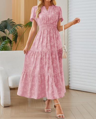 Image of Women's Maxi Dresses Boho Burnout V Neck Short Puff Sleeve Smocked Empire Waist Long Wedding Guest Semi Formal Dress Pockets