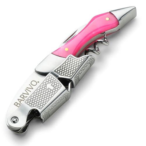 Barvivo Wine Opener with Foil Cutter and Cap Remover - Double Hinged Corkscrew for Bartenders - Stainless Steel Wine Key for Easy Bottle Opening - Manual Wine Bottle Opener - Pink Resin, 4.7x1.2-Inch