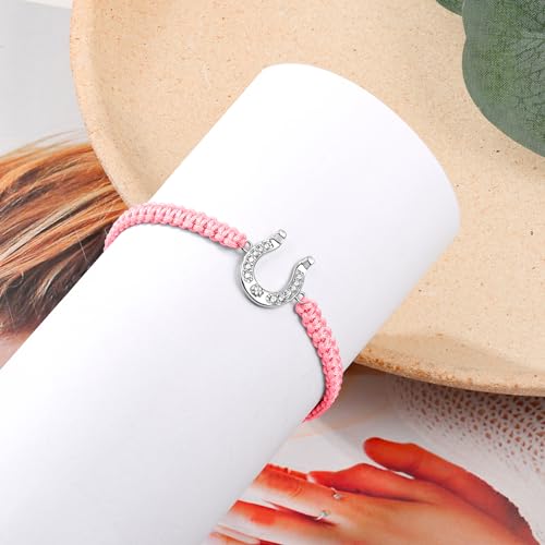 J.Endéar Horseshoe Bracelet for Women 925 Sterling Silver Cord Zirconia Bracelet Handmade Rope String Adjustable Good Luck Gift for Horse Lovers3