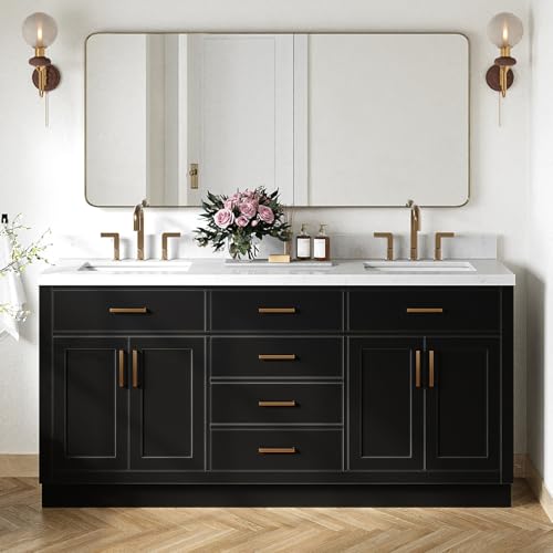 DKB Isabella 72 Inch Bathroom Vanity Double Sink — Black Bathroom Vanity with Sink, 1.5" Edge Carrara White Quartz Countertop & Backsplash, 4 Soft-Close Doors, 4 Dovetail Drawers, and 2 Tilt Drawers