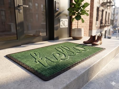 Image of Heavy Duty Front Door Mat 2x3 Feet, Outdoor Indoor Welcome Mat, Non Slip Dirt Trapper Entrance Rug for Entryway, Patio & Porch,Washable Low Profile Hello Mat (Green Hello 2 x 3 Feet)