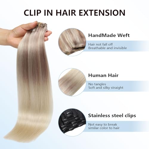 Image of COOKAYU Clip in Hair Extensions Human Hair, 18 /22 /60 Ombre Real Hair Extensions Clip in Human Hair Thick Silky Straight, 16inch 120g 7Pcs