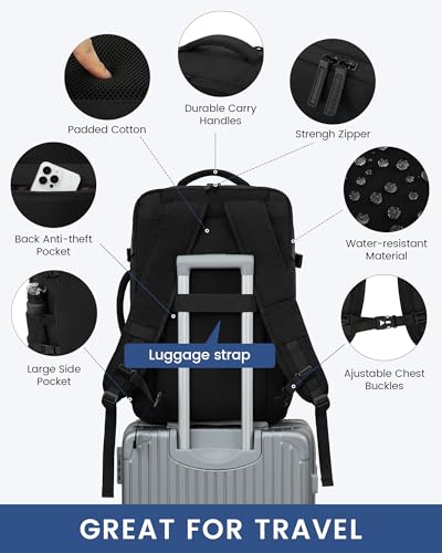 LOVEVOOK Handgepäck Rucksack, 40L Groß Reiserucksack Herren Damen Kofferrucksack Flugzeug Tasche, Travel Backpack Carry On Luggage für 17 Zoll Laptop, Reisetasche Koffer Cabin Bag für Reise, Schwarz