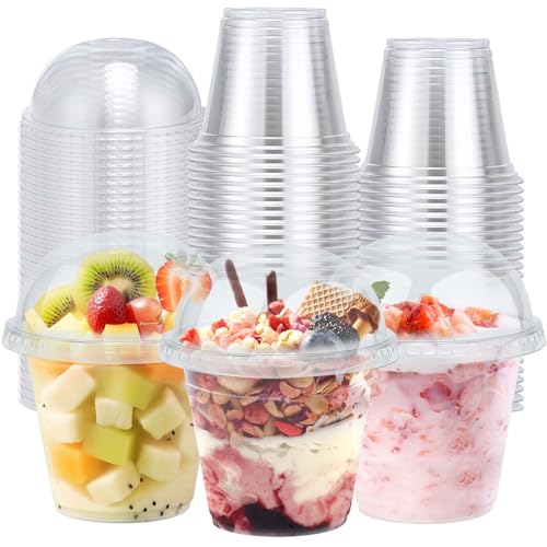 Clawsoff 50 Pack 9 oz Plastic Cups with Dome Lids Disposable Dessert Cup No Hole Fruit Cup Clear Parfait Cups for Cake Cold Drink Ice Cream Salad