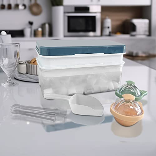 Purbot Ice Cube Tray With Lid, Silicone Double-Layered Stackable, 64 Cubes, Easy-Release, Press And Release Design, Large Capacity Ice Tray Holder, Ice Ball Molds, Includes Ice Clip, Ice Spoon (Teal) #TOP5