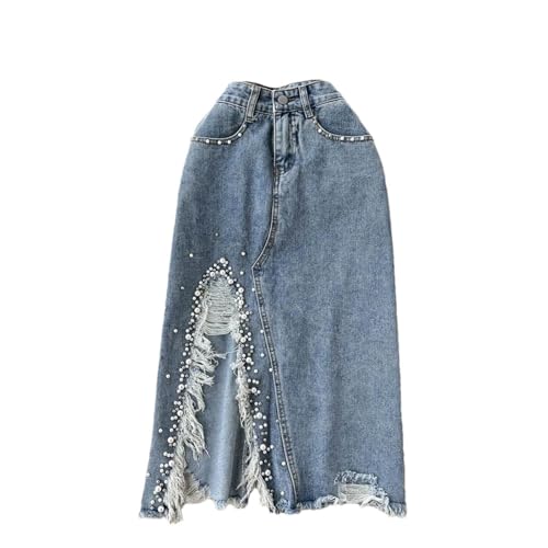 Women Pearls Beading Denim Skirts Summer High Waist Split Ripped Holes Midi Jean Skirt