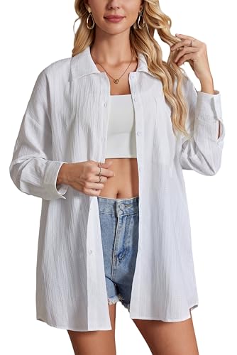 Womens Button Down Shirts Oversize Casual Boyfriend Long Sleeve Button Up Shirt Women Plus Size Blouses Tops with Pocket