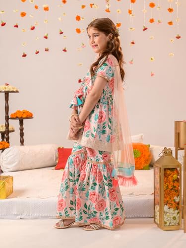 Pspeaches Girl's Cotton Kurta & Sharara (Sha-Peachfloral-15-16Y_Peach