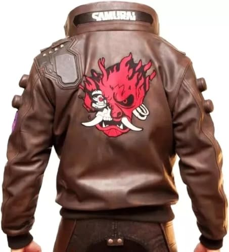 Men's Genuine Sheepskin Cyberpunk Cosplay Gaming Leather Jacket, Brown with Red Skull Design Embroided (US, Alpha, 3X-Large, Regular, Regular, Brown)