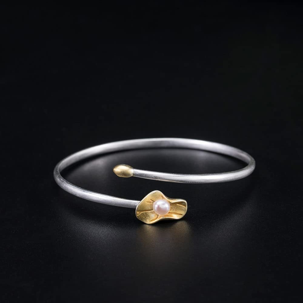 Bracelet Jonc Argent Femme,Bracelet en Argent Sterling Perle Feuille De Lotus Bracelet Manchette Ouvert Bracelets D'Amitié Cadeau Bijoux en Argent S925 pour Femme Petite Amie Femme