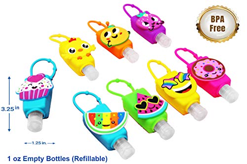KINIA 8 Pack Empty Mixed Kids Hand Sanitizer Travel Size Holder Keychain Carrier, 8-1 fl Oz. Flip Cap Reusable Empty Portable Bottles (8-Variety Pack MIXED)
