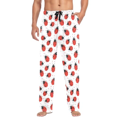 Mens Cotton Pajama Pants Sleep Lounge Pj Bottoms Sleepwear with Pockets Drawstring S Red Ladybugs