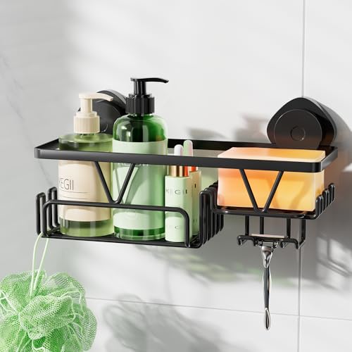 Image of KEGII Shower Caddy Suction Cup - Suction Shower Shelf with Soap Dish & Razor Slot, Black Bathroom Organiser No Drilling