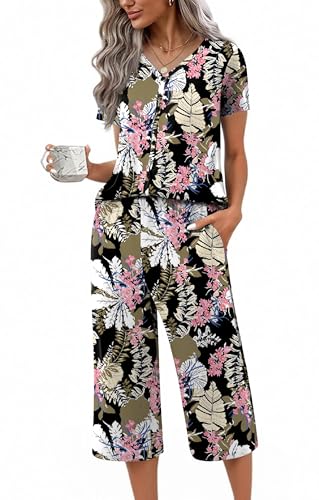 Image of Ekouaer Women's Pajama Sets Short Sleeve Sleepwear Button Up Pj Loungewear Top and Capri Pants with Pockets