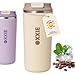 OXXIE Vaso Termo Cafe Para Llevar Pequeño 350ml, Vaso Termico, Aislamiento de Doble Pared, Taza de Cafe de Acero Inoxidable, Taza Termica con Tapa Hermetica, Reutilizable y Antigoteo (Marron-Beige)