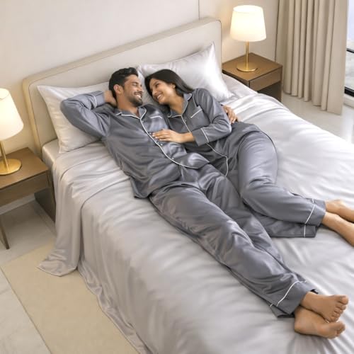 Image of Luxe Ere Satin Bedsheet King Size (90x108) | 300 TC Ultra Smooth Silky Soft Luxury Satin Bed Sheet with 2 Pillow Covers | Premium Satin Bedsheets for Double Bed - Moonstone Grey