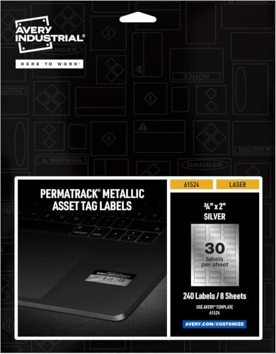 Image of Avery Metallic Asset Tag Labels, 3 /4 inch x 2 inch, Laser Printable Tags, 240 Waterproof Labels (61524) (Pack of 5)