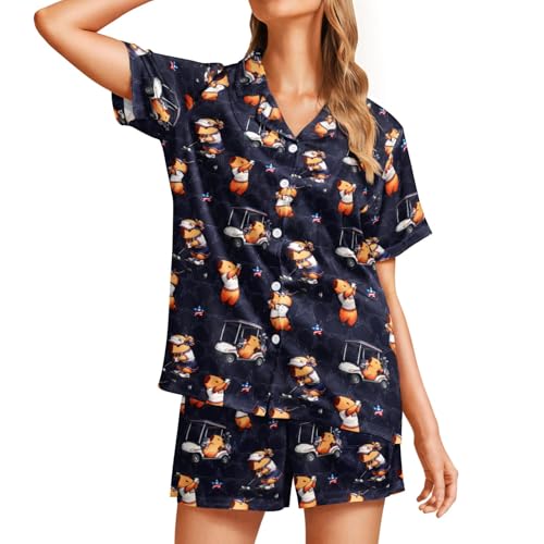 Image of Funny Pajamas for Women Set Print Satin Loungewear Pjs Short Sleeve Button Down Top and Shorts Sets Sleepwear XS-3XL
