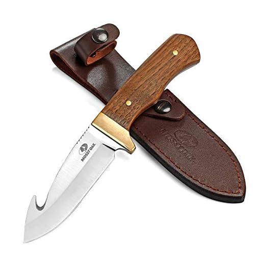 Mossy Oak Fixed Blade Gut Hook Knife, 9.5-inch Full Tang Field Processing Knife - Wooden Handle, Leather Sheath Included, for Skinning, Hunting, Outdoors