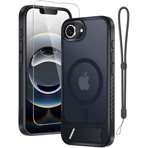 RMOCR for iPhone 16e Case & iPhone 17e Case with Screen Protector+Lanyard Wrist Strap,Magnetic Translucent Matte Rugged Slim Phone Cover Built in Invisible Kickstand [Fit for MagSafe],Black by RMOCR - Used condition - US$11.99