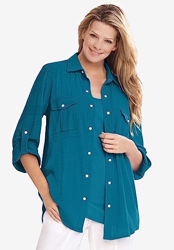 Woman Within Women's Plus Size Cotton Gauze Bigshirt - 14/16, Raspberry Sorbet Pink #TOP3