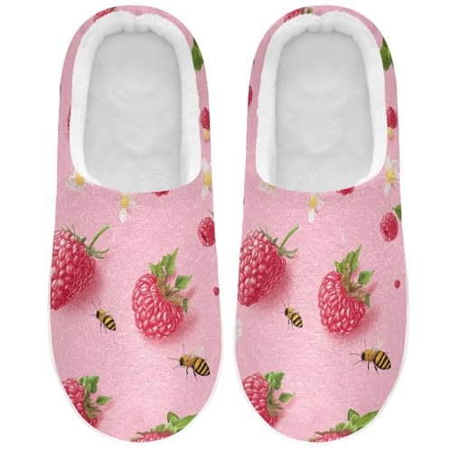 Fresh Raspberries Fruit Pink Cotton Slippers for Men Winter Memory Foam Home Slippers for Bedroom Birthday Presents 6-7