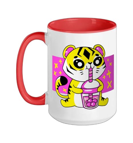 Tiger Kitten Boba Bubble Tea Cute Cat Kawaii Anime Feline Ceramic Mug, Red/White, 15oz