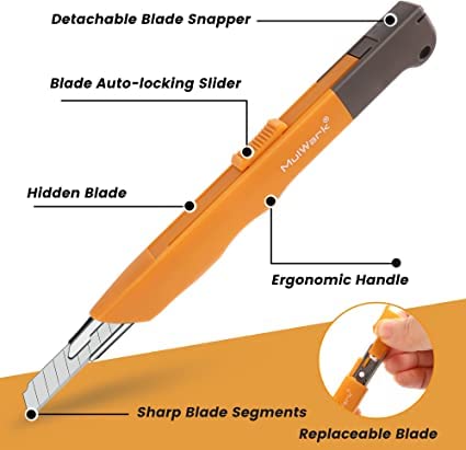 Mulwark 16PC Box Cutter Retractable Utility Knife Set - Heavy Duty Craft Knife with 10PC Sharp Snap-off 9MM 30 Degree Blades, 5PC 60 Degree Blade for Precision Cutting — view 3