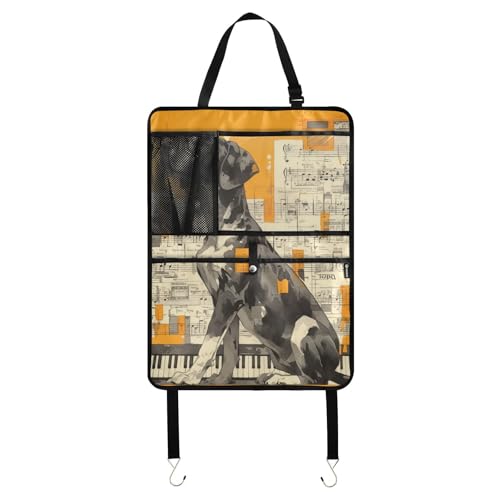Kids Backseat Organizer Protector Kids Car Back Seat Organizer For Tablet Kid Kick Mat Behind The Seat Digital Art Black Dog White Sheet Music Score Orange