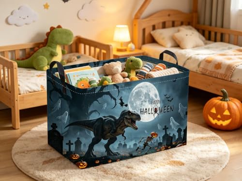 Image of Sanjiaofeng Rectangular Dinosaur Halloween Baskets,Waterproof Foldable Dinosaurs Basket with Handles,Nursery Hamper,Home Organizer,Books Box,Gift Baskets(Misty Dinosaur)