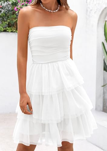 Image of PRETTYGARDEN Womens Tulle Dress Strapless Tube Top Short Dress Summer Ruffle Tiered Party Wedding Guest Dresses