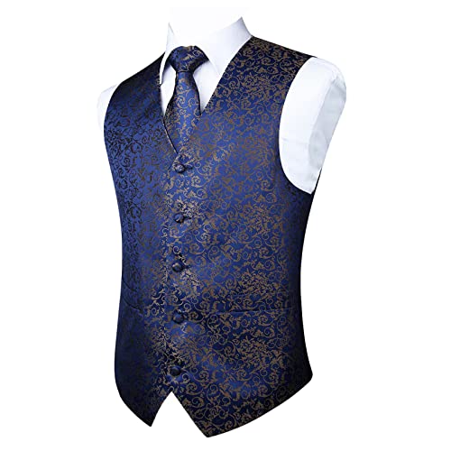 Enlision Chaleco de Vestir azul marino Hombre Boda Jacquard Paisley Elegante Chalecos Traje Corbata y Pañuelo Floral de Fiesta L