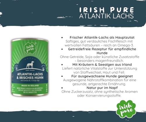 Irish Pure Atlantik Lachs Adult - Hundefutter - 12kg + 6x390g - getreidefreies Trockenfutter & Nassfutter – hypoallergen mit Kelp-Alge & Gemüse – Single Protein – natürlich & sensibel - Sparpaket