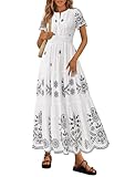 PRETTYGARDEN Boho Dresses for Women 2026 Summer Spring Casual Floral Short Sleeve V Neck Maxi Elastic Waist Dress Pockets (White Black Flower,Large)