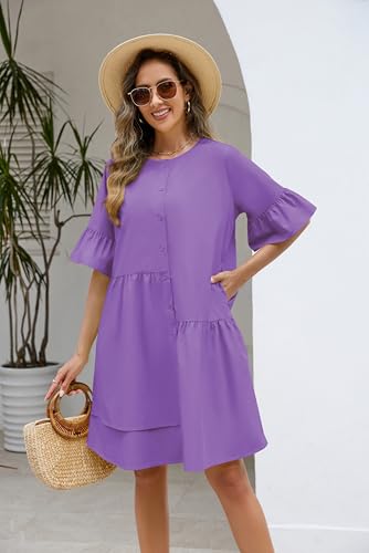 Image of Choichic Button Down Shirt Dresses for Women with Pockets Flare Bell Sleeve A-Line Midi Tunic Dress