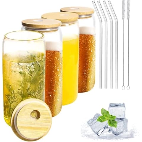ULAXIM [ 4pcs ] Eco-friendly Glass Cups with Bamboo Lids and Straws 16oz, Iced Coffee Drinking Cups, Beer Can Glass Cup, Glass Tumbler for Cocktail, Whiskey, Soda, Tea, Water Cover