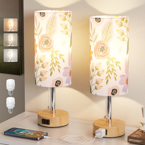 Image of Flower Bedside Table Lamps Set of 2 - Bedroom Lamp for Desk, AC Outlet