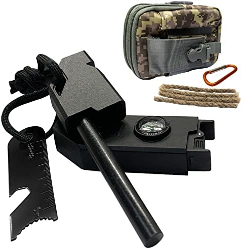 Qsxou Fire Starter Survival Tool, Portable Outdoor Magnesium Ferro Rods Striker,Flint and Steel with 16,000 Strikes,Multi-use Kits with Sports Bag & Hook for Camping, Hiking and Backpacking