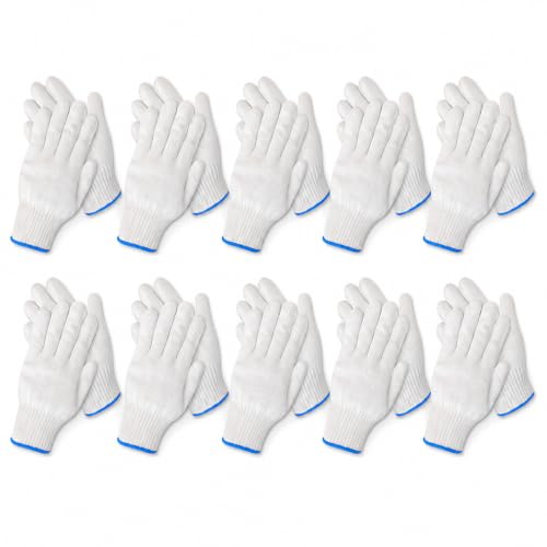 COOBL White Cotton Work Gloves 10 Pairs Reusable Cotton Glove Liners Breathable Lightweight Knit Gloves for BBQ Cooking Cleaning Gardening Warehouse & Light Duty Work Large
