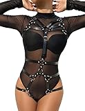 ohmydear Full Body Harness for Women Sexy Strappy Bondage Gothic Pentagram Bra Set Strap Adjustable Punk Goth Garters Suspender Belt Black Lingerie for Rave Outfits