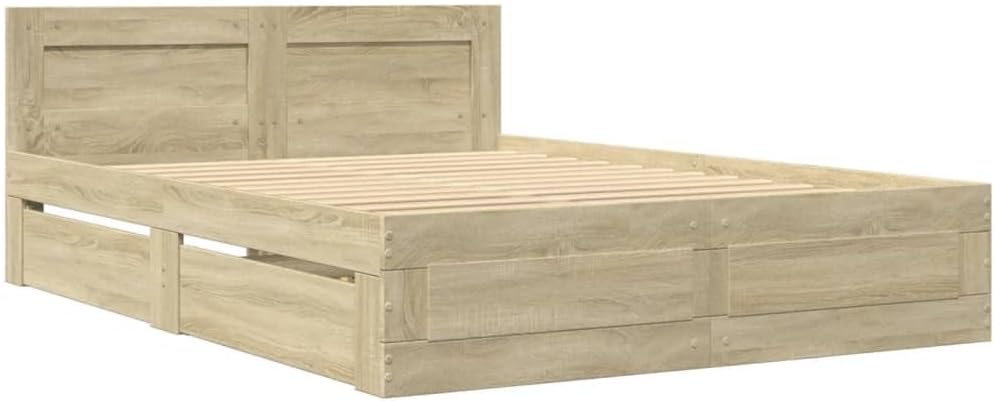vidaXL Bed Frame with Headboard - Modern Sonoma Oak Engineered Wood Double Bed 135x190 cm - Slatted Base & Storage Drawers