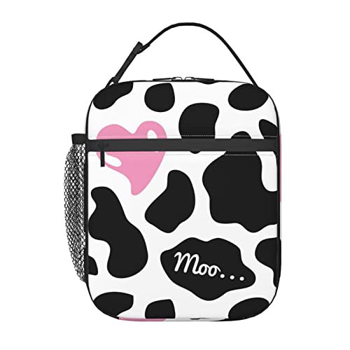 Yetta Yang Black And White Cow Print Pink Heart Cute Love Portable Lunch Bag Insulated Lunch Box Reusable Totes For Women Men Work Picnic Camping #TOP1