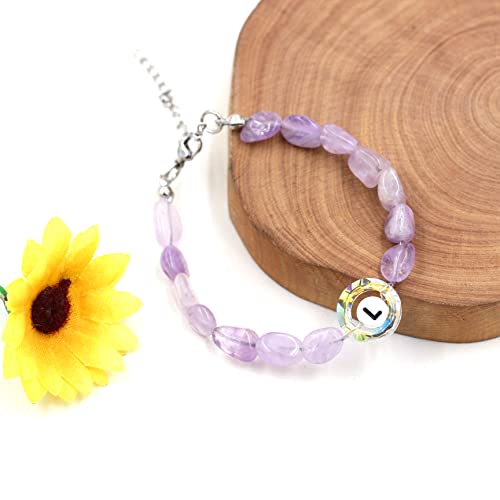 Image of Uloveido Purple Natural Stone and Austrian Crystal Letter Bracelet, Personalized Initial Jewelry for Women A-Z 26 Letters