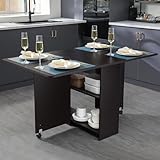 VANSPACE Folding Dining Table Drop Leaf Table for Small Spaces with Storage Racks Multifunction Space Saving Table Extension Dinner Table for Kitchen Bedroom Dining Room Black Oak