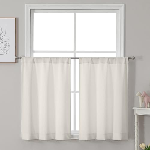 Chyhomenyc Jack Ivory Curtains 24 Inch Length 2 Panels, Faux Denim Fabric Kitchen Cafe Curtains for...