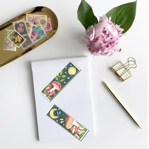 Image of FREEBLOSS 6 Set Cross Stitch Bookmark Kit Stamped Cross Stitch Kit Mushroom Bush Embroidery Set with Instruction for Adults 8''*2.4''