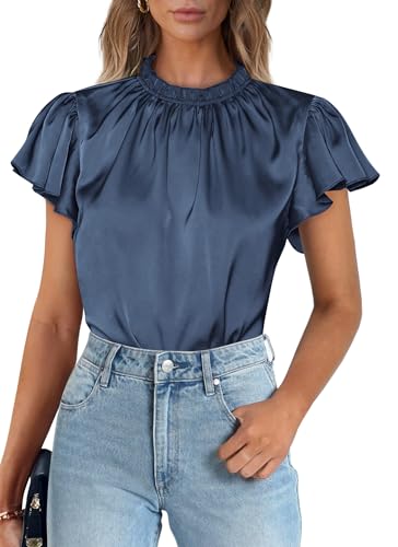PRETTYGARDEN Business Casual Tops for Women Blouses Dressy 2025 Summer Short Sleeve Ruffle Satin Work Office Attire